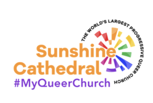 Sunshine Cathedral Logo-- Round rainbow pattern with #MyQueerChurch